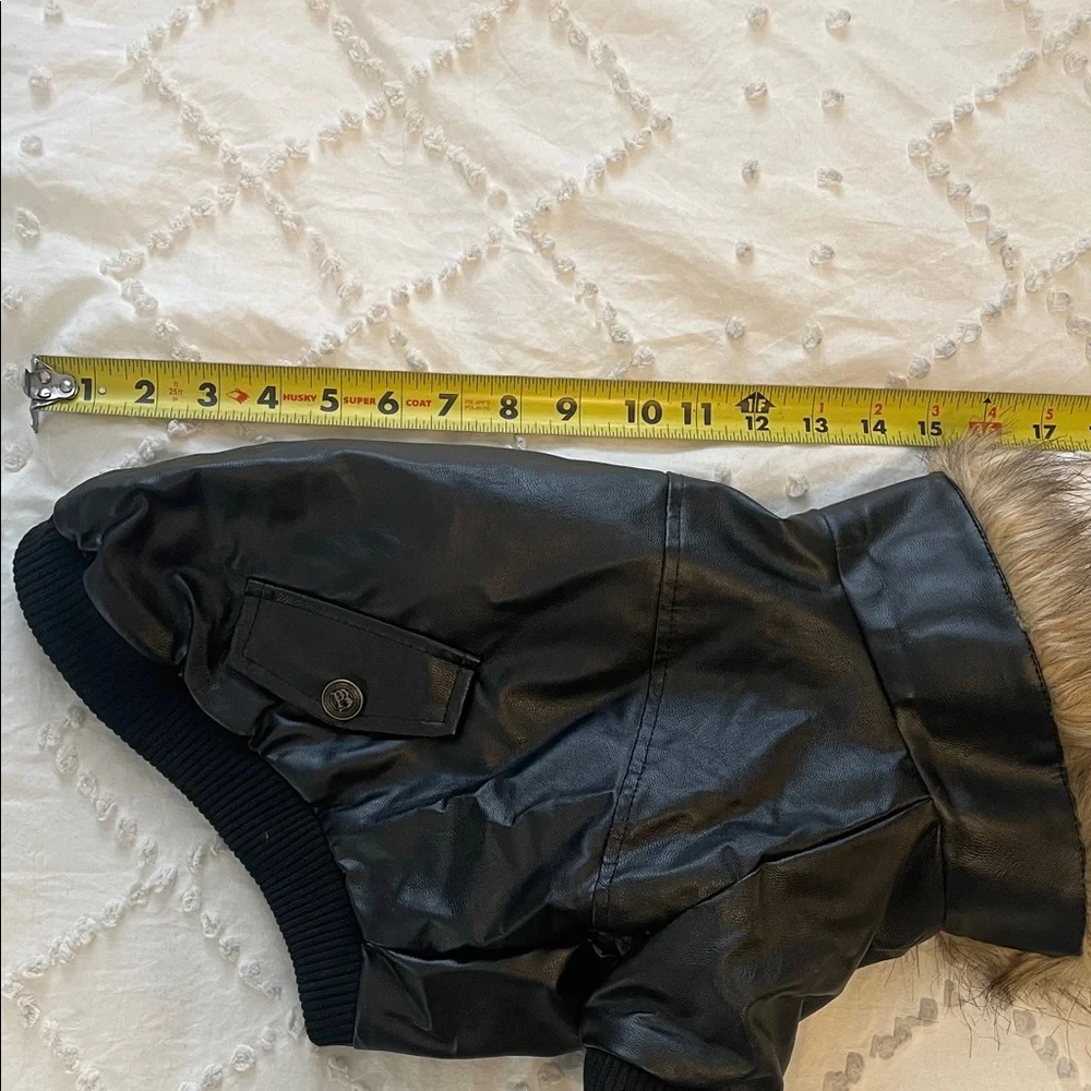 Black Faux Leather Dog Jacket with Fur Trim small dog XL new unworn